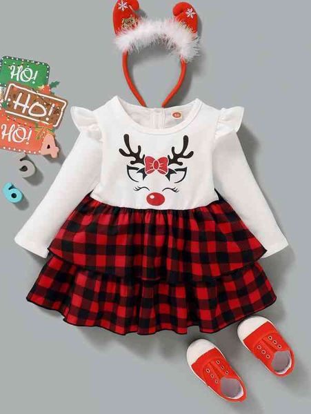 

baby girl christmas print ruffle trim layered dress she, Red;yellow