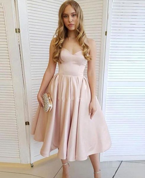 

simple tea length short homecoming dresses sweetheart bridesmaid dress zipper back satin a line cocktail party graduation gowns, Blue;pink