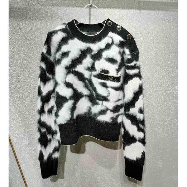 

cosmicchic 2020 autumn women's sweater alpaca milk-cow-pattern long sleeve o-neck sweater gold-button pullover short outwear1, White;black