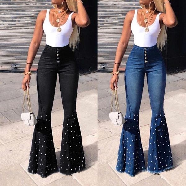 

office work women's high waist jeans button tassel pants trousers bell-bottom pants clothes leisure style nice winter tide, Blue