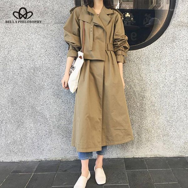 

women's trench coats philosophy windbreaker female 2021 autumn casual chic loose harbor wind long coat solid elegant women outwear1, Tan;black