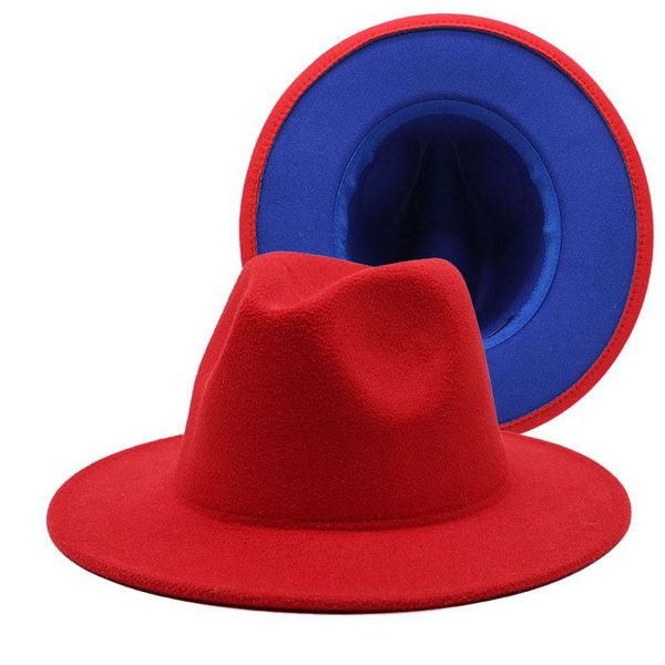 

red with blue bottom patchwork panama wool felt fedora hats winter women men wide brim party formal trilby jazz caps 61cm, Blue;gray