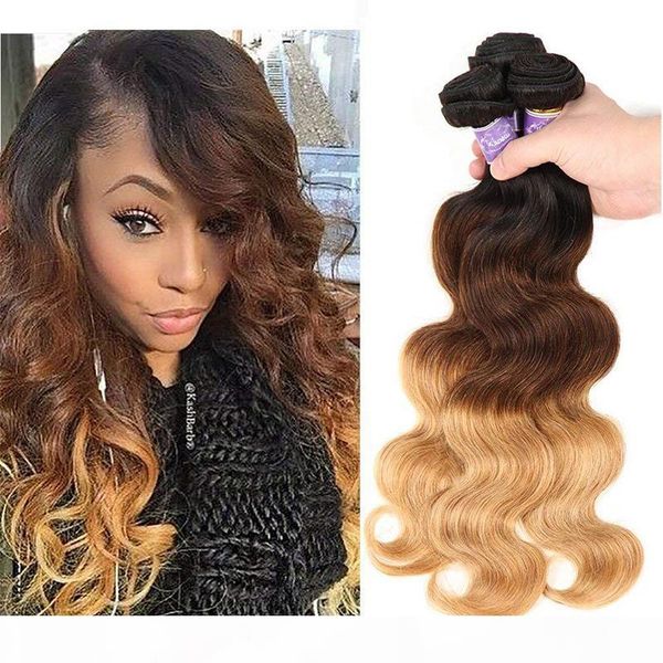 

three tone ombre brazilian remy body wave hair weaves 1b 4 27# brown blonde bundles wet and wavy human hair weave extensions, Black