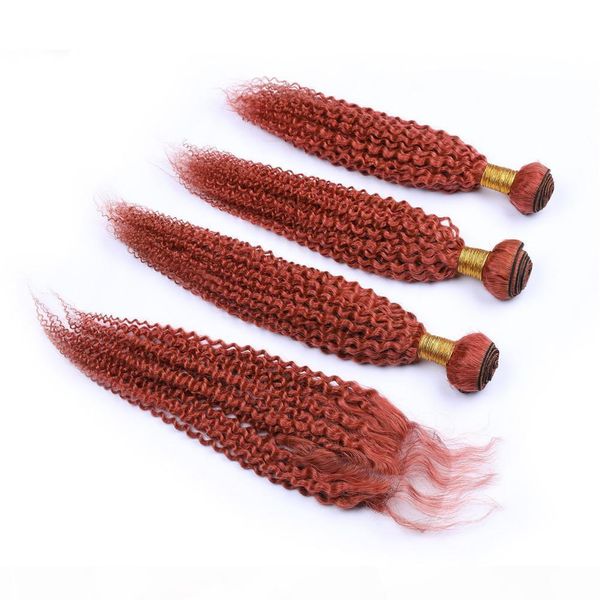 

kinky curly dark orange malaysian virgin hair bundles 3pcs with closure #350 red orange 4x4 lace closure with human hair weaves, Black