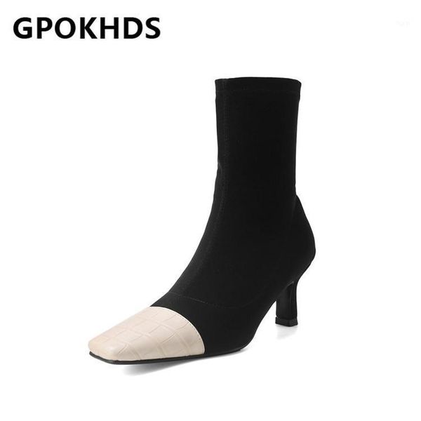 

boots gpokhds 2021 women ankle cow leather winter short plush square toe mixed colors zipper med heels female size 421, Black