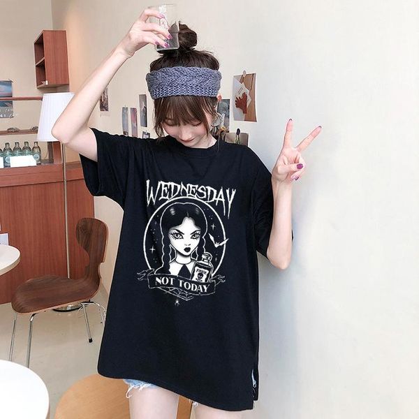 

women's polos harajuku gothic punk wednesday print graphic tumblr summer kpop casual loose short sleeve o-neck grunge black women, White