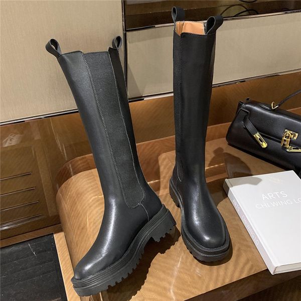 

2021 winter women's fashions upper thigh long, flat with skin heels down to knee, leather boots head boot shoe wkbl, Black