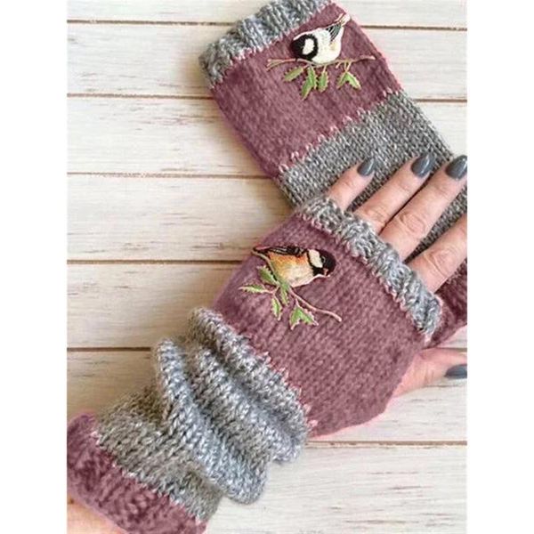 

women fingerless gloves winter knit gloves warm plus velvet embroidere outdoor glove without fingers printed girls mittens gift, Blue;gray
