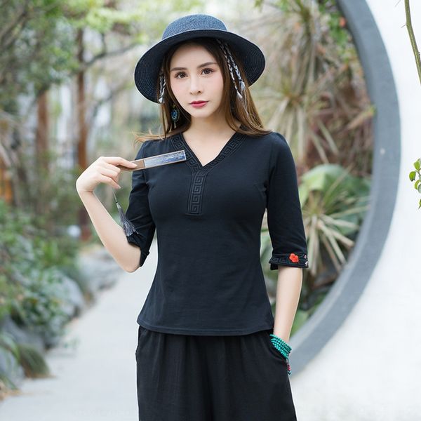 

drunken favorite c6819v collar embroidered t-shirt for women 2020 summer mid embroideryembroidery embroidery sleeve new slim fitting and, White