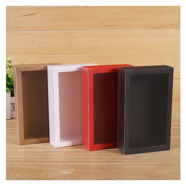 

10pcs diy paper box with window red/black/kraft paper gift box cake packaging wedding home party muffin packaging pvc window