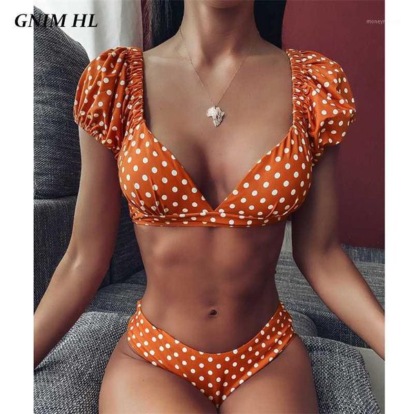 

women's swimwear gnim high waist bikini women two piece v neck dot swimsuit 2021 halter bandage swimming suit for cut biquini1, White;black