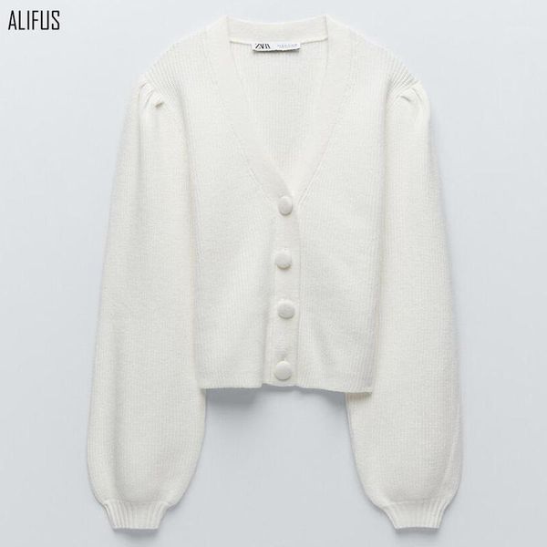 

fall 2020 women's new rib knit lazy v-neck lantern sleeve cardigan sweater jacket1, White