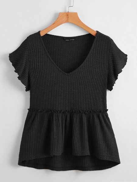 

butterfly sleeve waffle knit peplum 97i4#, White