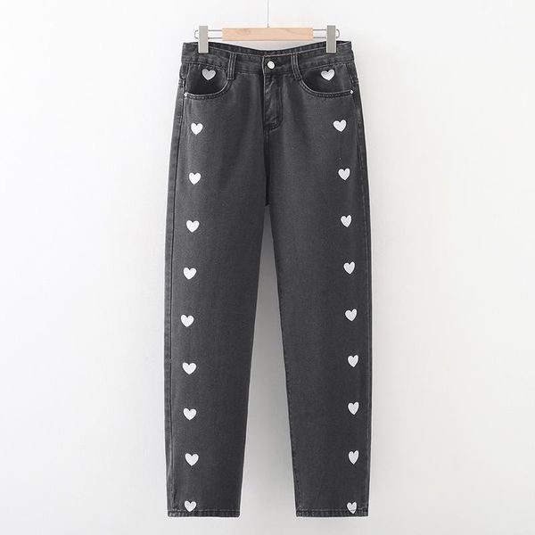 

plus size xl-4xl women's blue black denim pants casual heart embroidery long jeans1