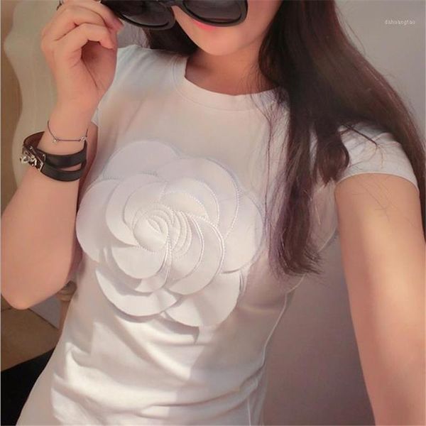 

2016 women summer 3d camellia embroidery luxury t shirt ladies fashion slim casual tee shirts vetement femal1, White