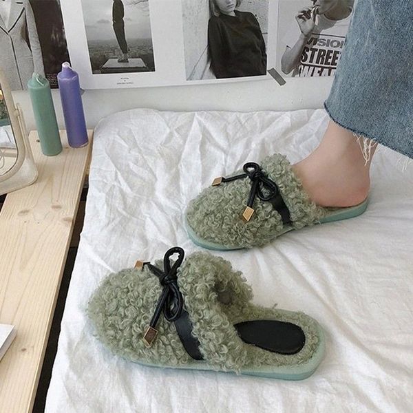 

ladies warm winter flurry slippers women flats home shoes ladies bowtie style footwear fashion outdoor woman slipper non-slip #0x02, Black