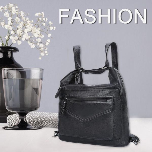 

black fashion solid color messenger bags women large capacity multi-pocket washable pu leather zipper travel shoulder handbag
