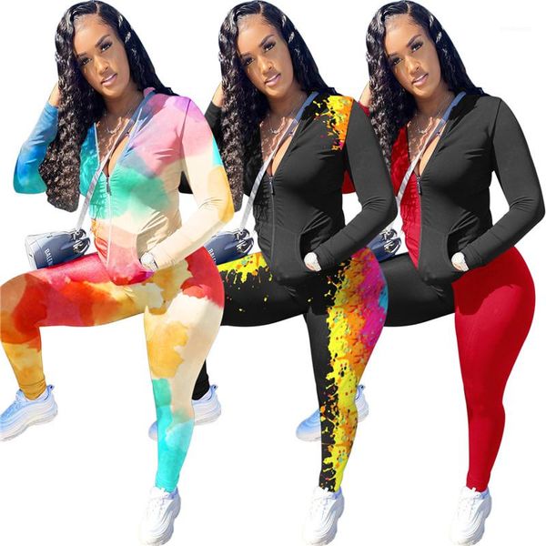 

2pcs sets casual females clothing tie dye womens designer tracksuits fashion zipper cardigan hooded long pants womens, Gray