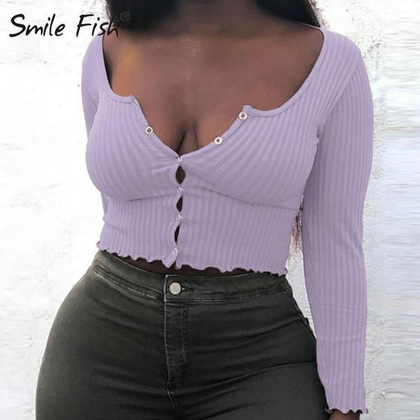 

v-neck women long sleeve bodycon crops 2020 buttons midriff t-shirts spring ladies black tees summer women shirts g17011, White