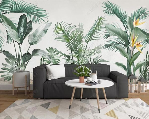 

customized modern papier peint wallpaper drawn forest animals tropical plants coconut trees light background1
