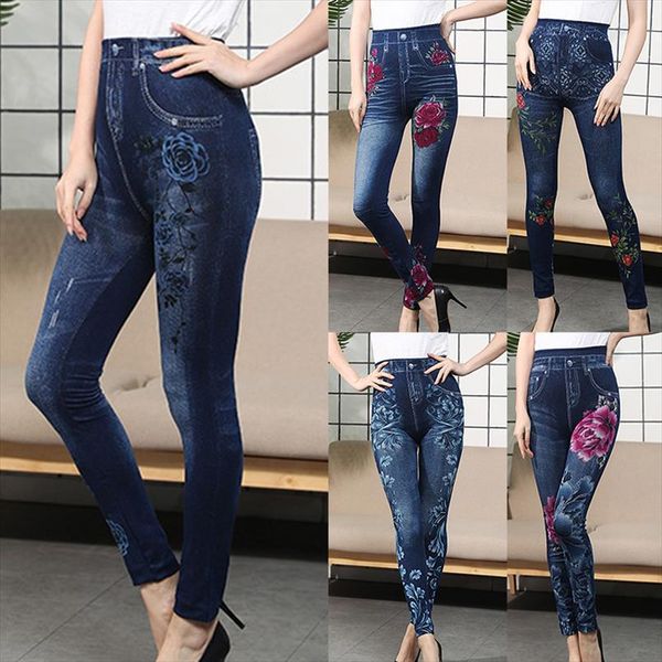 

floral fleece faux jeans leggings women fitness winter slim thermal thick mom pants elastic workout push up plus size trouser, Black