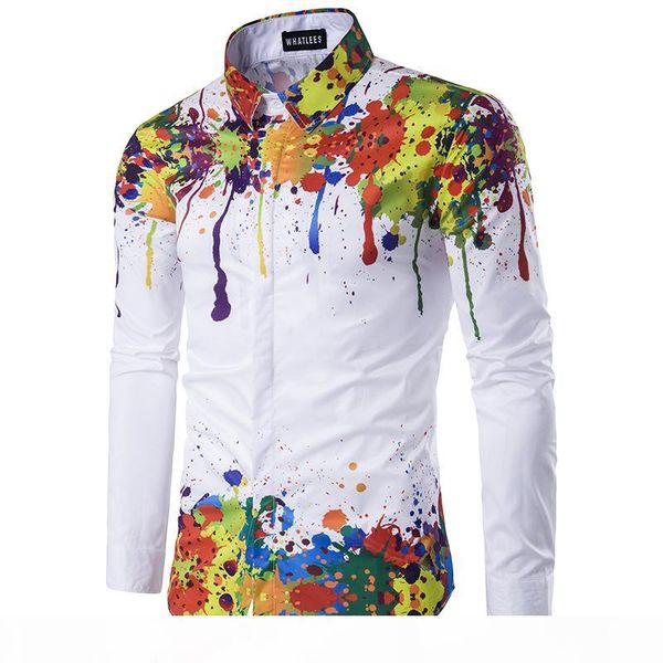 

wholesale- 2020 new fashion men shirt long sleeve 3d splash ink print mens shirts casual plus size dress man shirt camiseta masculina, White;black