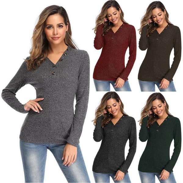 

осень зима v-образных шейных кнопок свитера для женщин 2020 длинный рукав тонкий сплошной цвет хеджирования свитер повседневная рубашка женс, White;black