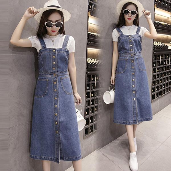 

2020 summer woman plus size denim dress korean style sleeveless spaghetti strap single-breasted button slim fit jeans sundress1, Black;gray