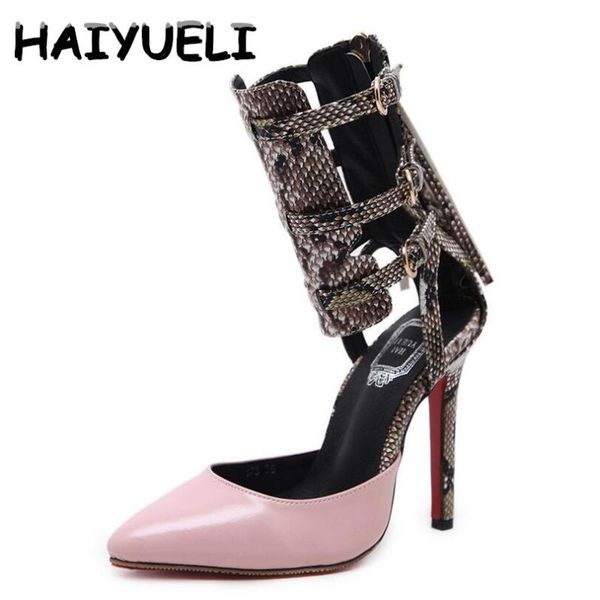 

dress shoes haiyueli vogue women sandals snakeskin high heels pointed toe stiletto pumps ankle buckle party wedding plus size, Black