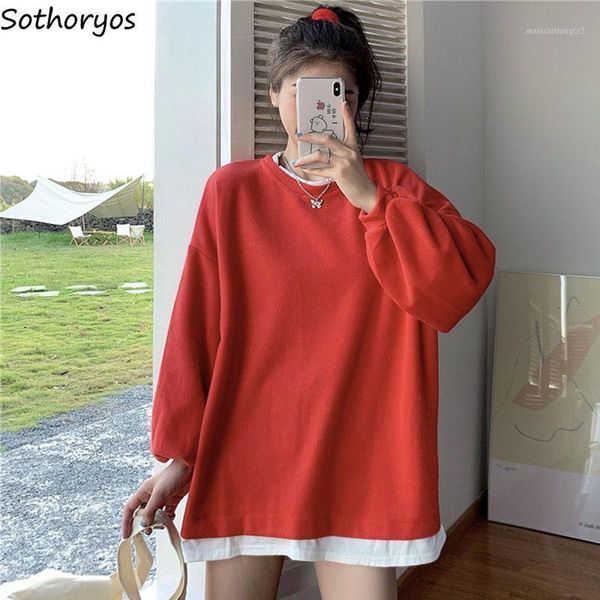 

women's hoodies & sweatshirts no hat women fake 2-piece patchwork oversize autumn thin leisure loose all-match pullover teens simple fa, Black