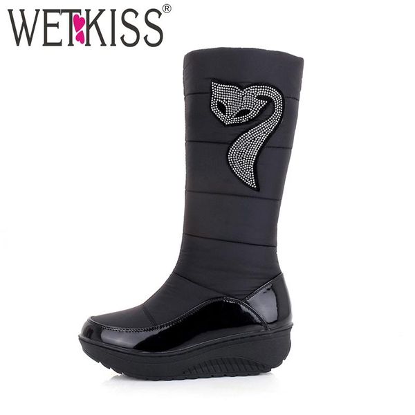 

wetkiss 2020 winter russia keep warm snow boots cotton shoes woman fashion platform down winter boots rhinestone mid calf, Black