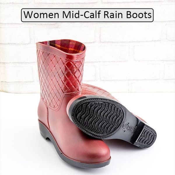 

women fashion high tube mid-calf waterproof rubber shoes warm slip-on non-slip work rain boots, Black