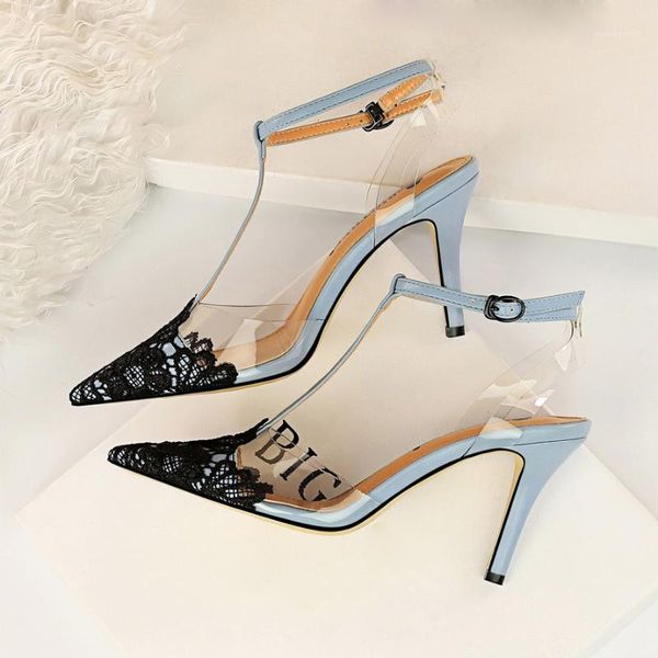

2020 summer women 8.5cm high heels lace red t-strap sandals female fetish blue shoes lady valentine transparent pvc pumps1, Black