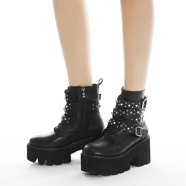 

women gothic ankle boots big size women's chain pumps ladies rivet high heels woman black short boots footwear female shoes