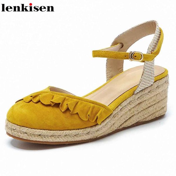 

lenkisen gladiator sheep suede wedges ruffles waterproof round toe thick high heels ankle straps sweet pumps l17, Black