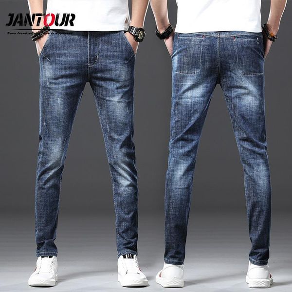 

jantour 2021 fashion brand european american style stretch men jeans luxury men's denim trousers slim straight deep blue mens