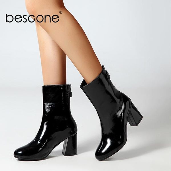 

bescone winter concise women boots new ankle buckle decoration 6cm square heel classic round toe shoes zipper solid boots bm401, Black