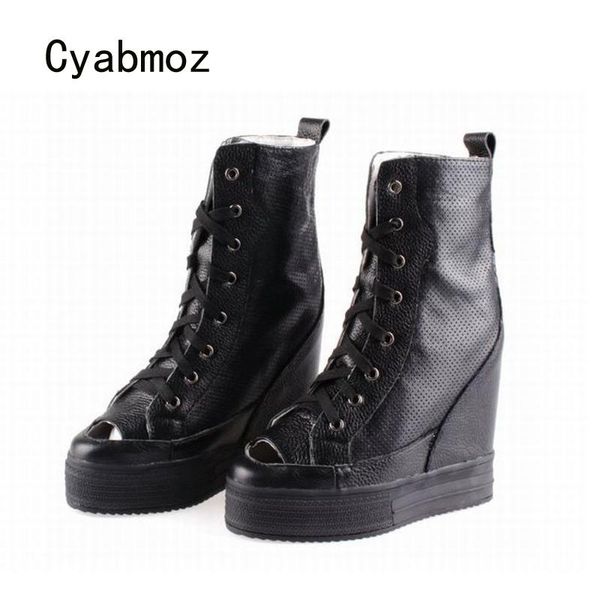 

cyabmoz women high lace up genuine leather height increasing peep toe wedge ankle boots ladies woman shoes zapatos mujer, Black