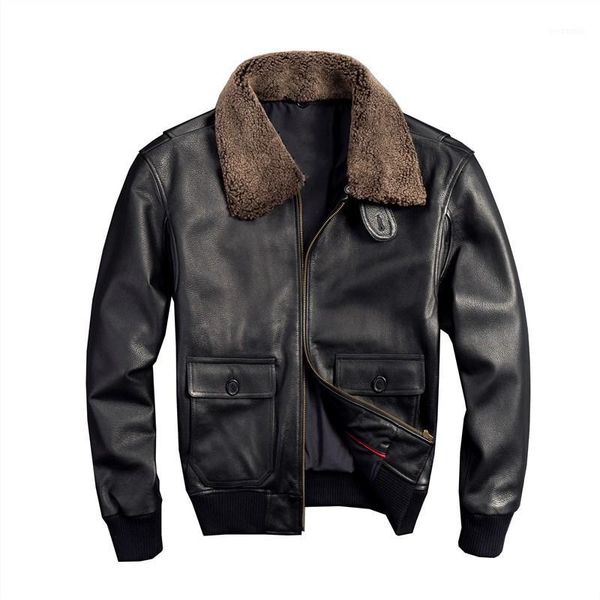 

2020 black men pilot leather jacket wool collar large size xxxxl genuine cowhide russian autumn coat1