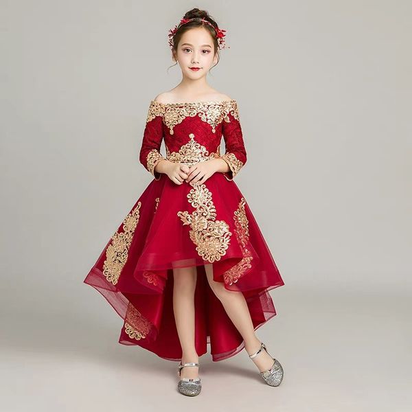

children girls fashion shoulderless embroidery lace flowers birthday wedding party tail dress teens kids piano model show dress t200709, Red;yellow
