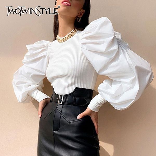 

twotwinstyle white patchwork knitted ruched women' sweater o neck puff sleeve pullover female streetwear autumn fashion new 201023, White;black