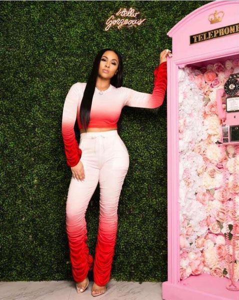 

women gradient color print bodycon long sleeves tracksuit long pleated pants suit fitness workout outfits, Gray