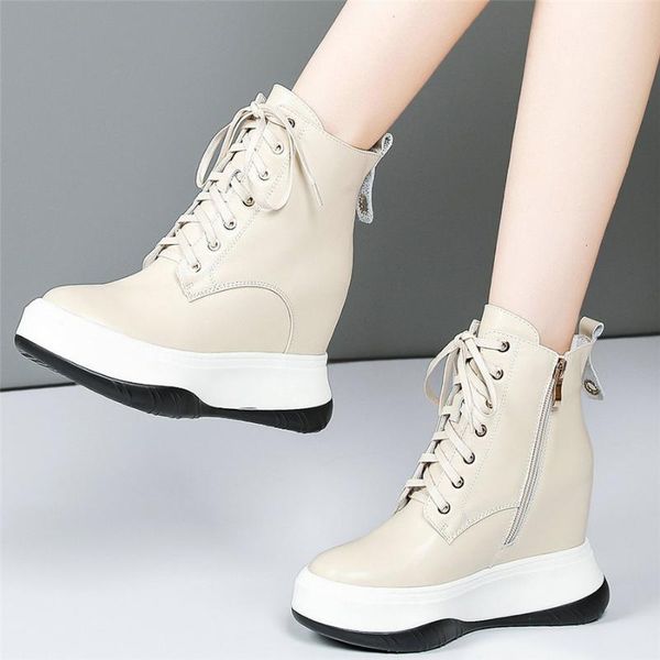 

platform oxfords shoes women lace up genuine leather wedges high heel ankle boots female high fashion sneakers casual shoes, Black