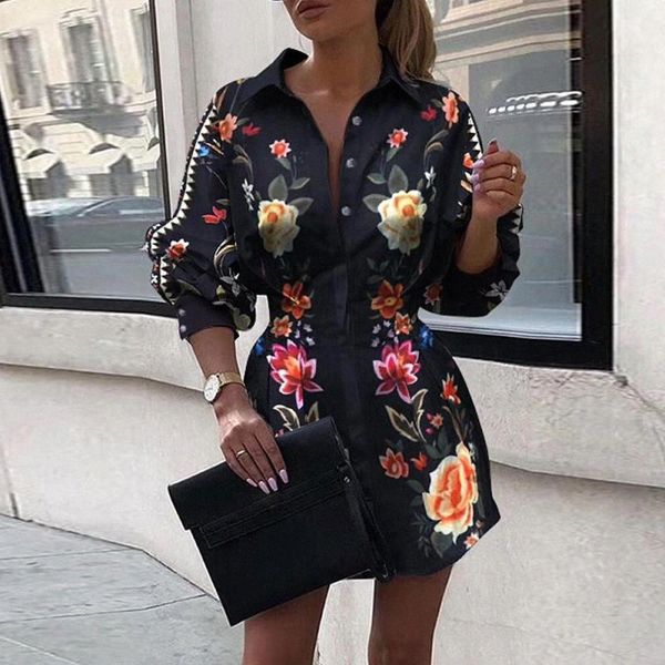 

women lantern sleeve shirt dress tight waist turn down collar chain printing long sleeve summer fashion casual button dress #az3o, Black;gray