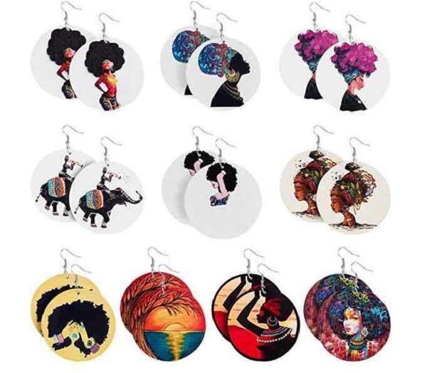 2022 Nova Moda Rodada Mulheres Africanas Imprimir Brincos De Madeira Brincos Pintados Ethnic Style Brinco Gota Dangle Brincos Conjunto