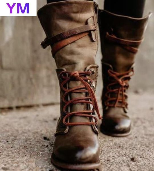 

vintage women shoes winter autumn pu leather lace up boots mid calf ladies buckle strap zip platform riding boots zapatos mujer, Black