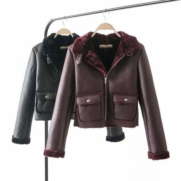 

europe women short faux leather jaclets with fur collar thick plus velvet coats warm long sleeve zipper outerwear moto&biker, Black