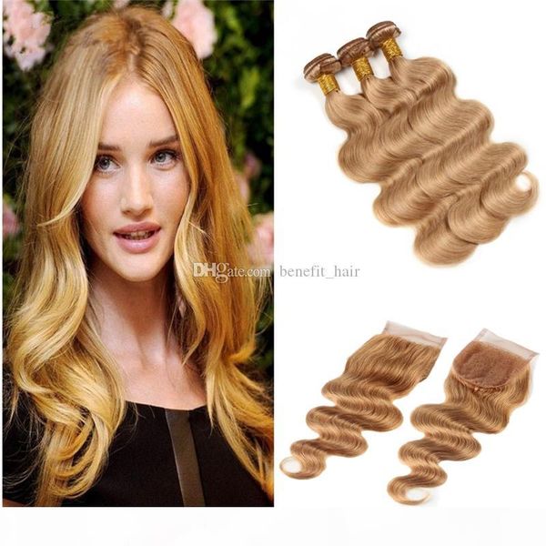 

honey blonde hair bundles with lace closure malaysian 9a body wave blonde 27 hair weft with closure 3bundles with closure, Black