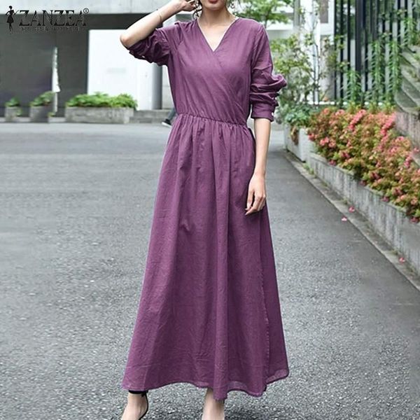 

womens long maxi dress spring autumn belted kaftan female v neck party robe femme oversized zanzea vintage solid vestidos s-5xl, Black;gray