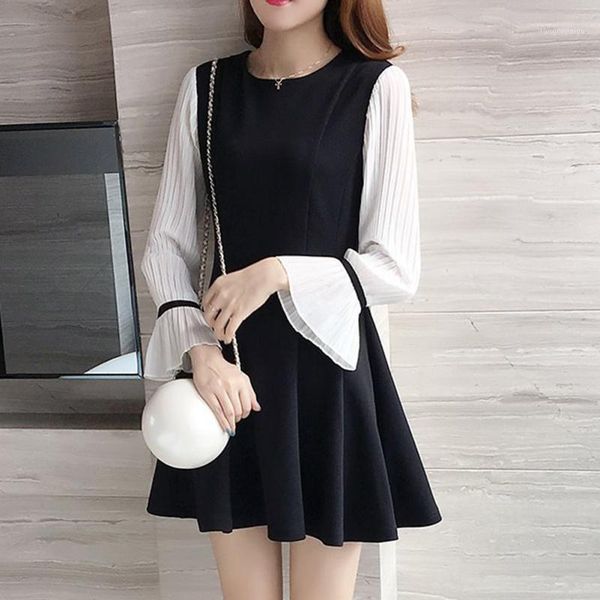 

2019 patchwork ladies color block casual mini dresses workwear flare sleeve long sleeve dress office1, Black;gray